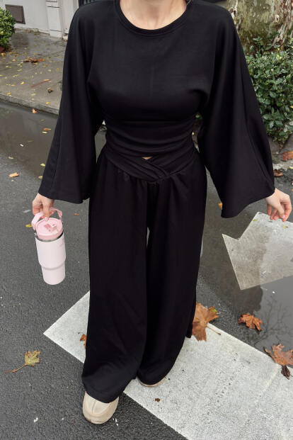 Siyah Yarasa Kol Crop Bel Detay Bol Paça Pantolon Kadın Alt Üst Takım - 4