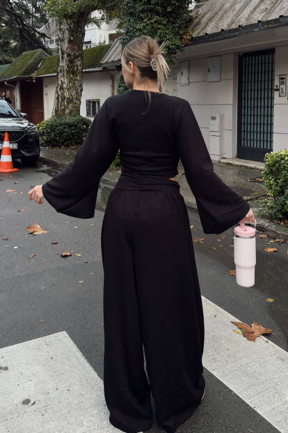 Siyah Yarasa Kol Crop Bel Detay Bol Paça Pantolon Kadın Alt Üst Takım - 5