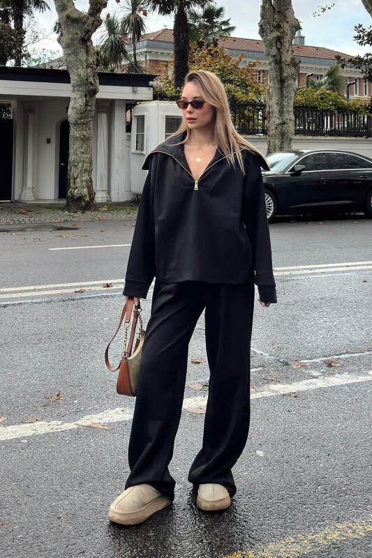 Siyah Yarım Fermuar Sweat Pantolon Kadın Alt Üst Takım - SWİST (1)