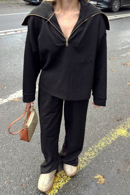 Siyah Yarım Fermuar Sweat Pantolon Kadın Alt Üst Takım - 4