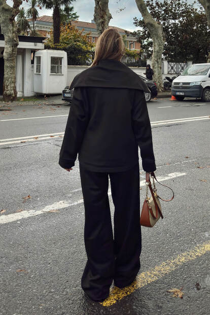 Siyah Yarım Fermuar Sweat Pantolon Kadın Alt Üst Takım - 5
