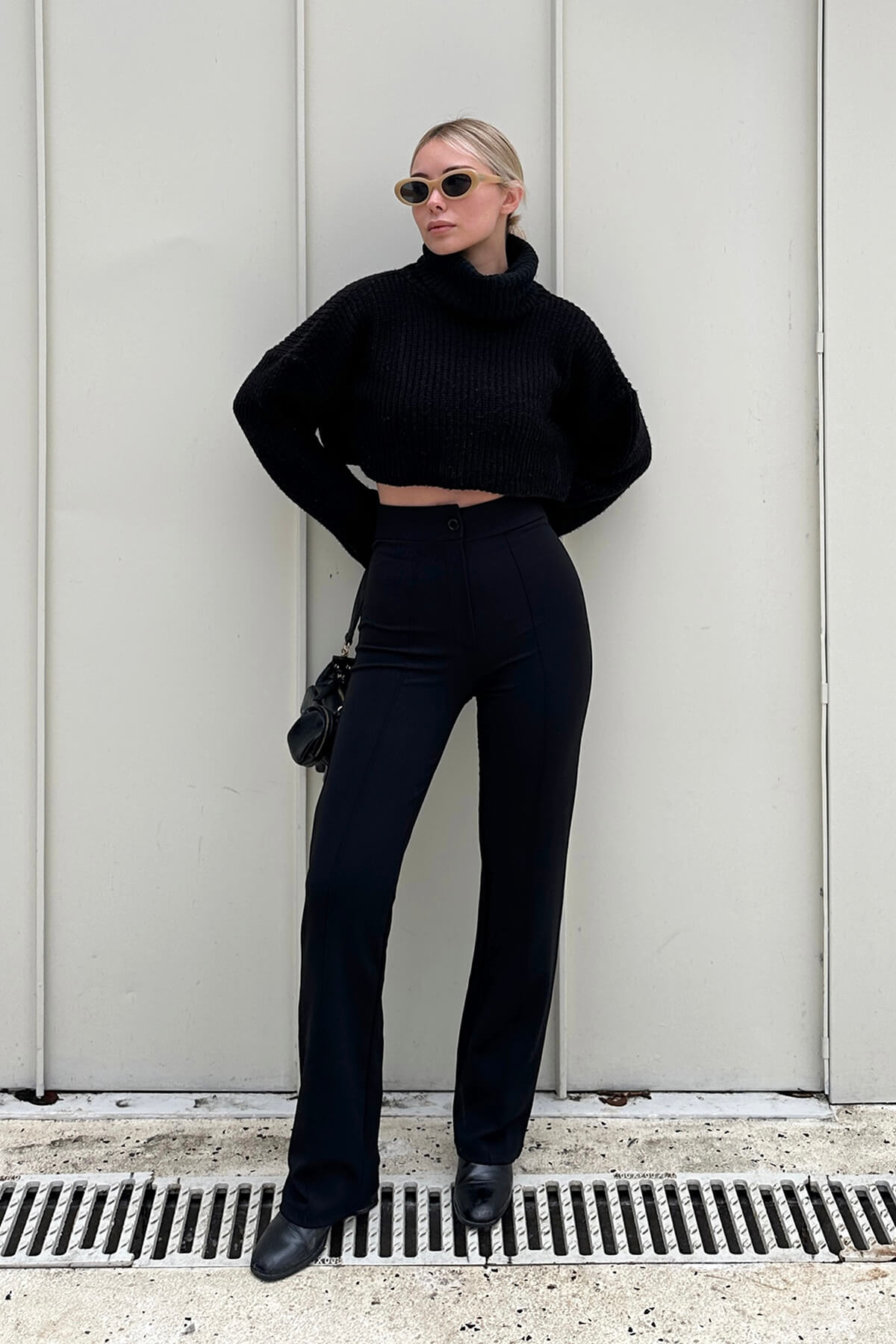 Siyah Yüksek Bel Çimalı Likralı Rahat Örme Kadın Pantolon - 3