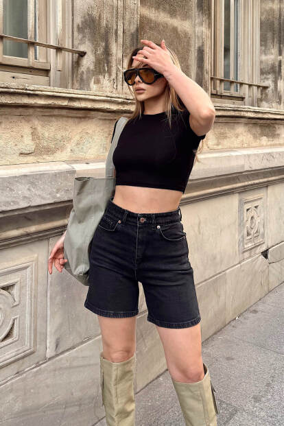 Siyah Yüksek Bel Kadın Fit Denim Şort - 3