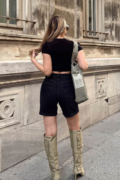 Siyah Yüksek Bel Kadın Fit Denim Şort - 5