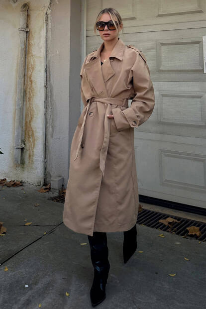 Vizon Oversize Kuşaklı Kruvaze Yaka Apoletli Kadın Midi Trençkot - 1