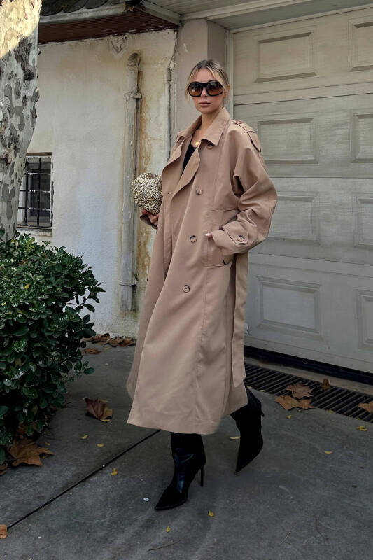 Vizon Oversize Kuşaklı Kruvaze Yaka Apoletli Kadın Midi Trençkot - SWİST (1)