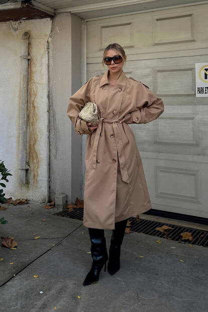 Vizon Oversize Kuşaklı Kruvaze Yaka Apoletli Kadın Midi Trençkot - 3