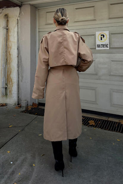 Vizon Oversize Kuşaklı Kruvaze Yaka Apoletli Kadın Midi Trençkot - 5