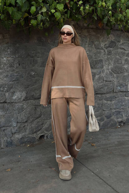 Vizon Step Şerit Detaylı Dik Yaka Arkası Uzun Kazak-Pantolon Kadın Triko Alt Üst Takım - 2