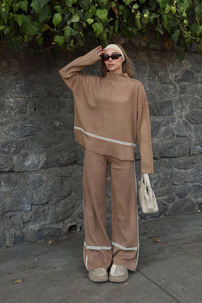 Vizon Step Şerit Detaylı Dik Yaka Arkası Uzun Kazak-Pantolon Kadın Triko Alt Üst Takım - 3