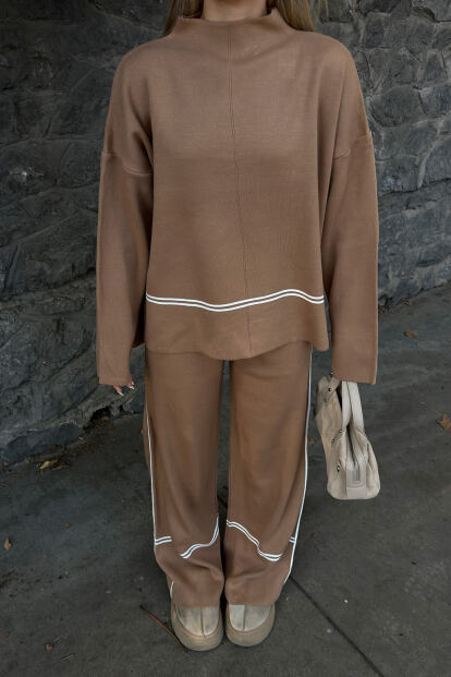 Vizon Step Şerit Detaylı Dik Yaka Arkası Uzun Kazak-Pantolon Kadın Triko Alt Üst Takım - 4