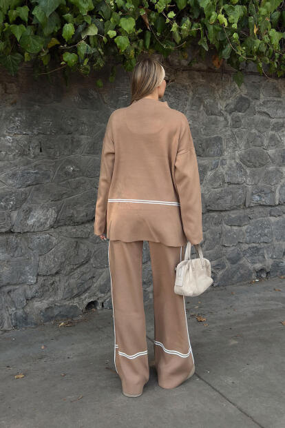Vizon Step Şerit Detaylı Dik Yaka Arkası Uzun Kazak-Pantolon Kadın Triko Alt Üst Takım - 5