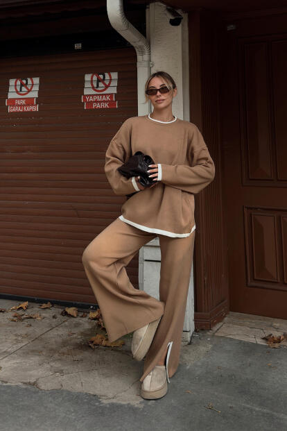 Vizon Uma İntersiye Çizgili Yırtmaçlı Oversize Kazak-Pantolon Kadın Triko Alt-Üst Takım - 2