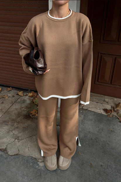 Vizon Uma İntersiye Çizgili Yırtmaçlı Oversize Kazak-Pantolon Kadın Triko Alt-Üst Takım - 4