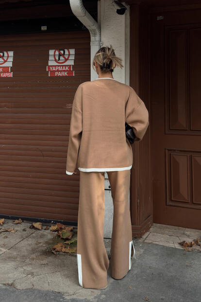 Vizon Uma İntersiye Çizgili Yırtmaçlı Oversize Kazak-Pantolon Kadın Triko Alt-Üst Takım - 5