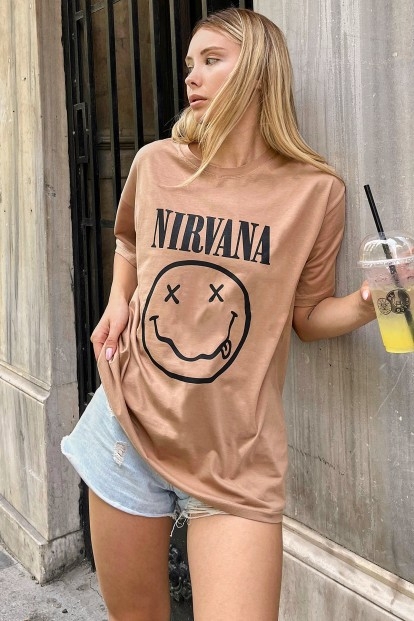 Vizon Yeni Nirvana Baskılı Oversize Kadın Tshirt - 4