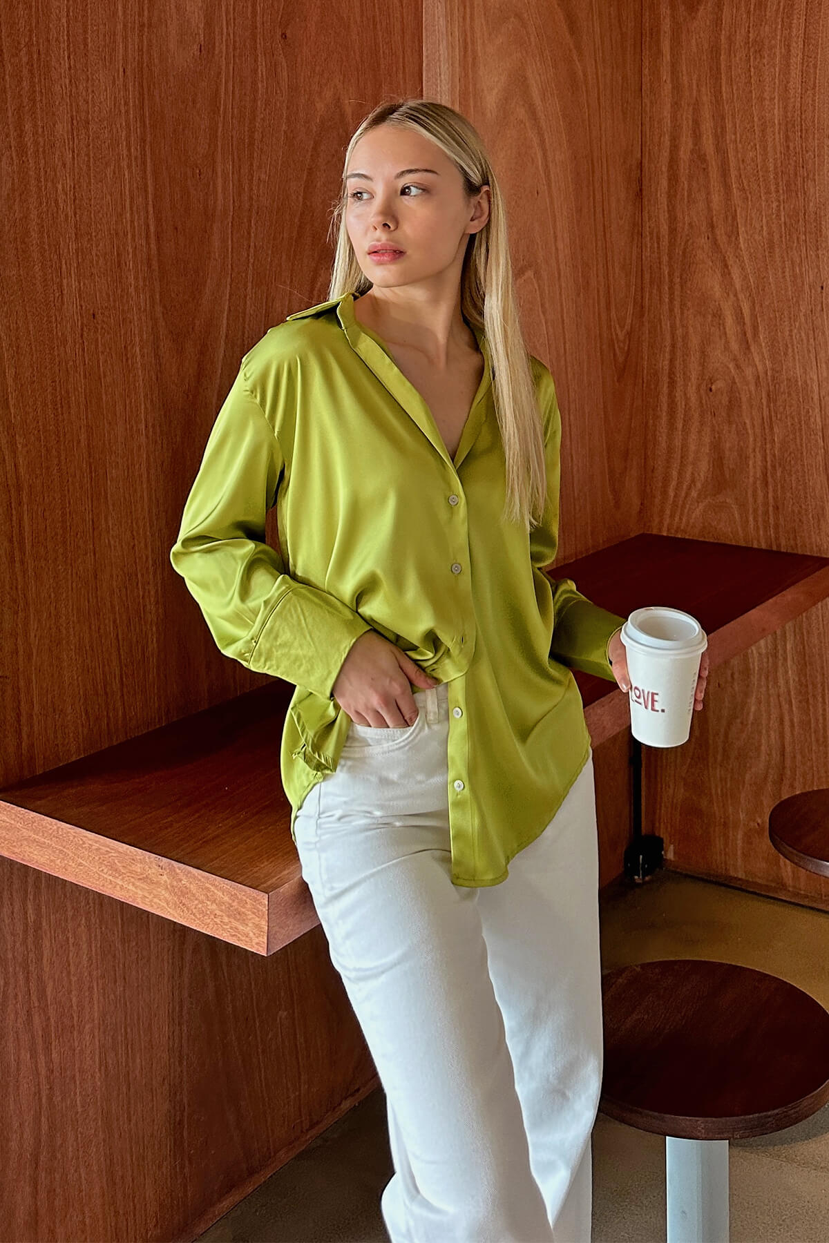 Yağ Yeşili Duble Manşet Hafif Dökümlü Kadın Saten Gömlek - 3
