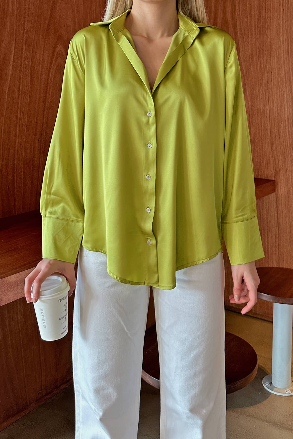 Yağ Yeşili Duble Manşet Hafif Dökümlü Kadın Saten Gömlek - 4