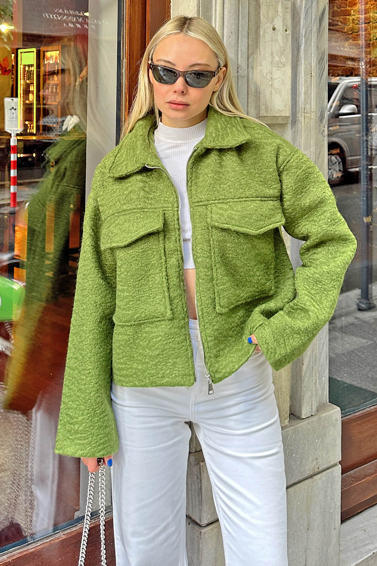 Yağ Yeşili Taylor Fermuarlı Gömlek Yaka Cep Detaylı Kadın Buklet Ceket - 1