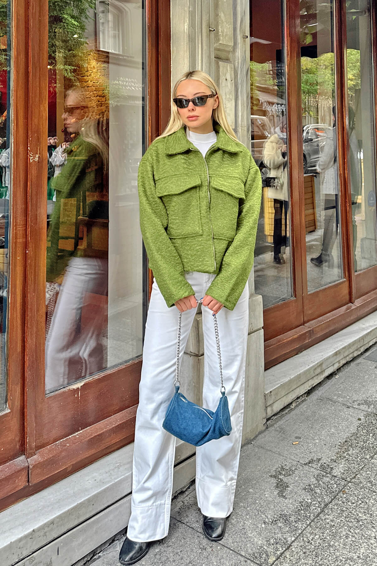 Yağ Yeşili Taylor Fermuarlı Gömlek Yaka Cep Detaylı Kadın Buklet Ceket - 2