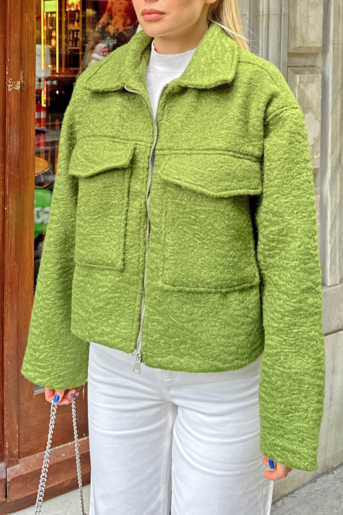 Yağ Yeşili Taylor Fermuarlı Gömlek Yaka Cep Detaylı Kadın Buklet Ceket - 4