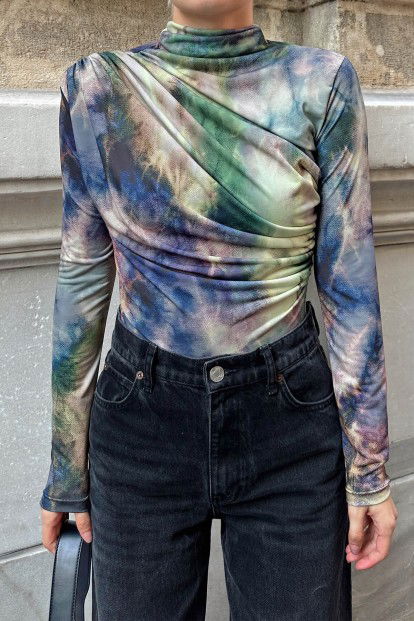 Yeşil Batik Desen Yarım Balıkçı Omuz ve Bel Drapeli Kadın Bluz Crop - 4