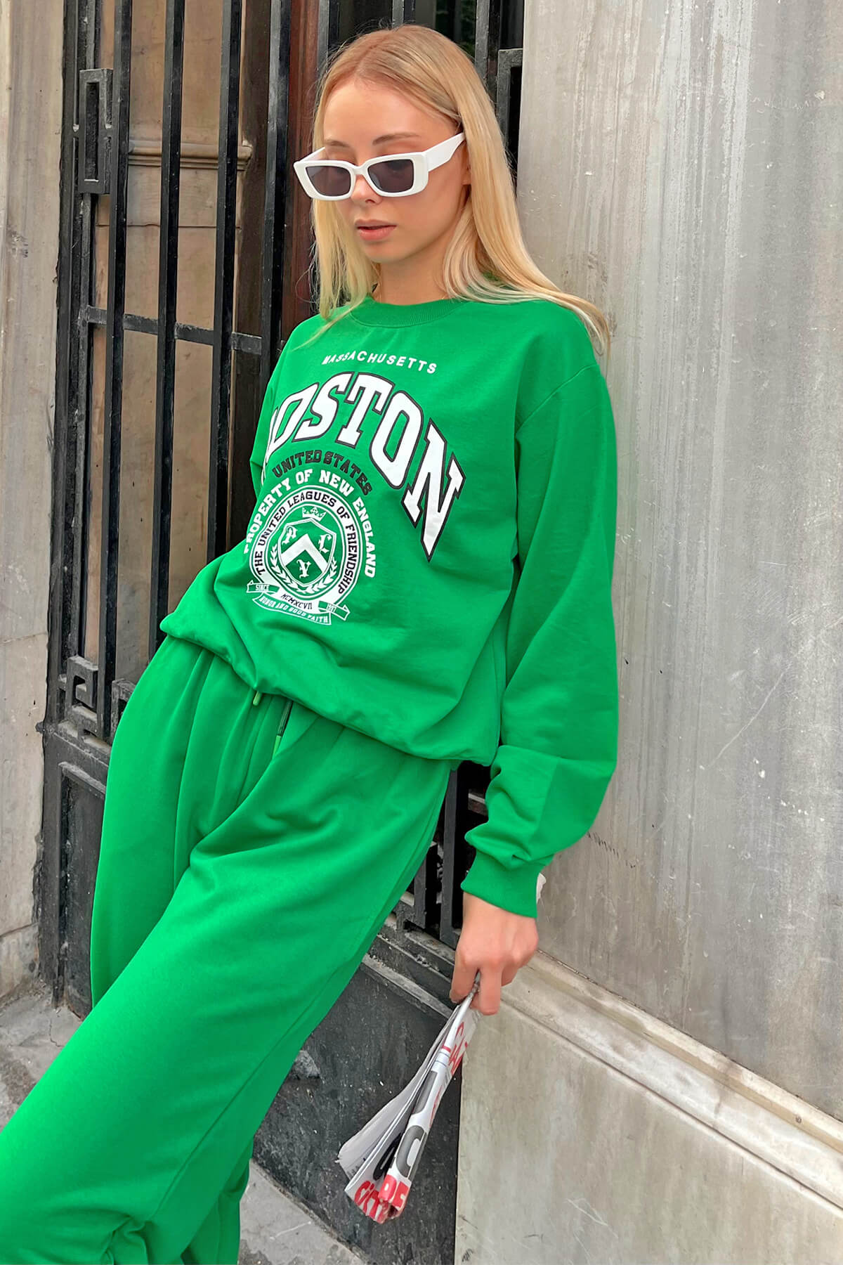 Yeşil Bstn Baskılı Kadın Crop Sweatshirt - 2