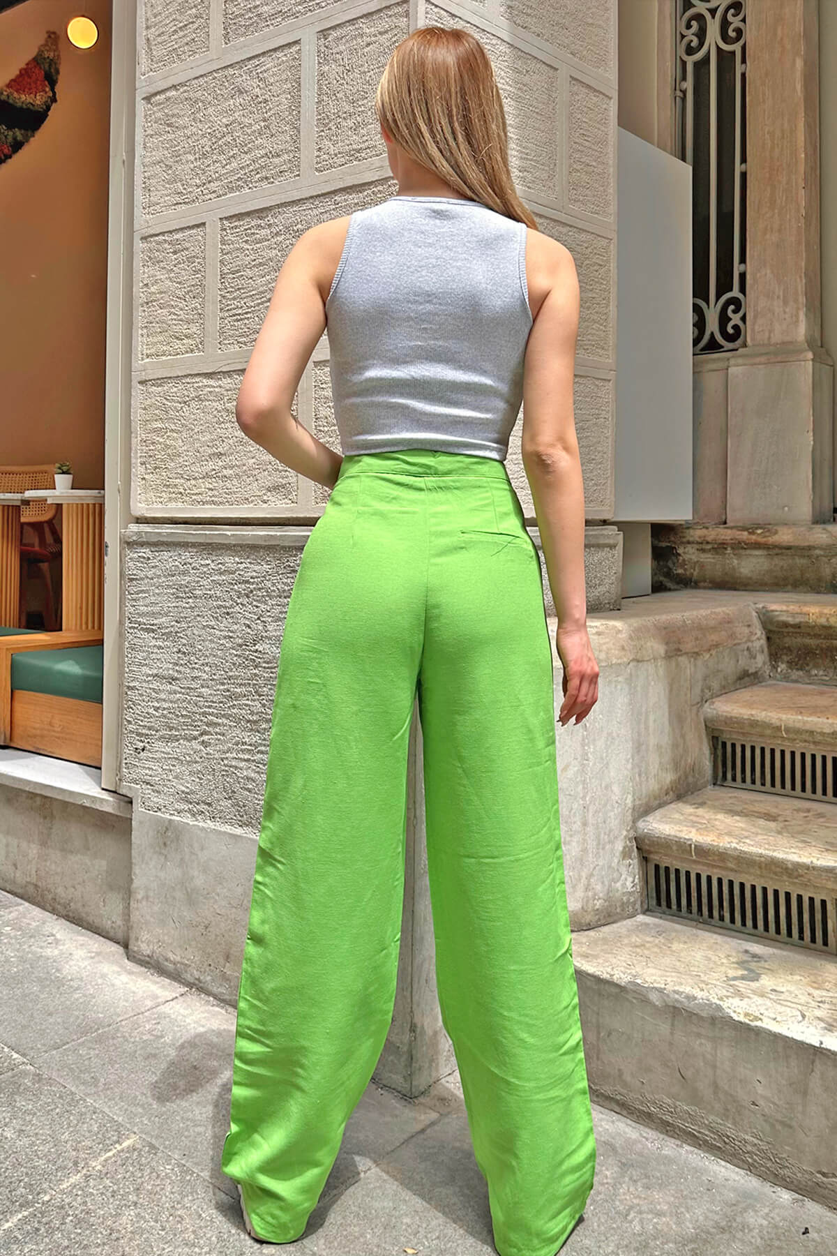 Yeşil Çift Düğmeli Yüksek Bel Kadın Palazzo Keten Pantolon - 5