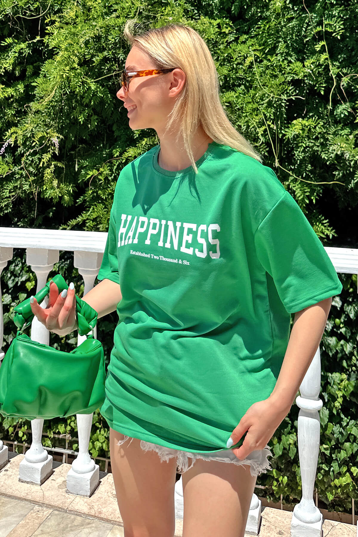 Yeşil Happiness Baskılı Oversize Kadın Tshirt - 1