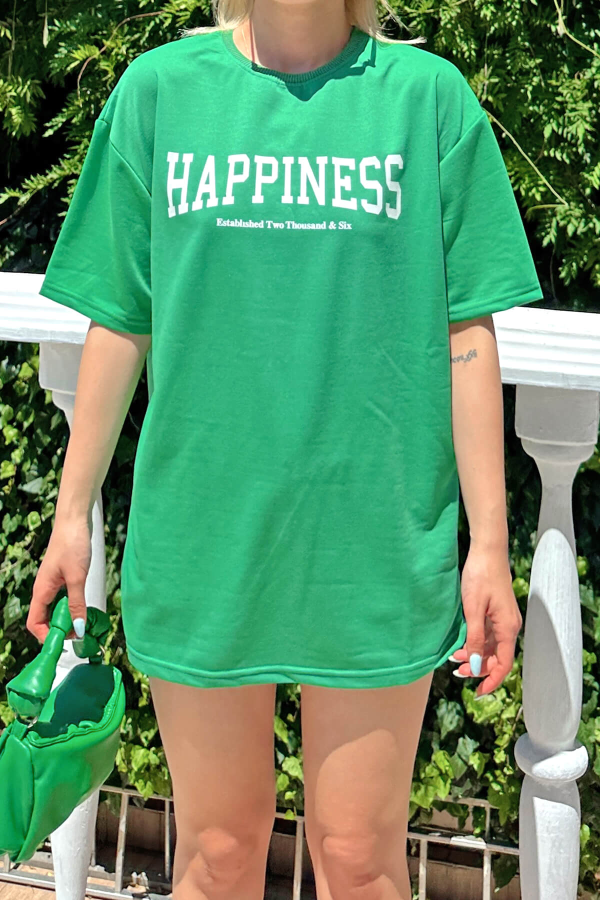 Yeşil Happiness Baskılı Oversize Kadın Tshirt - 4