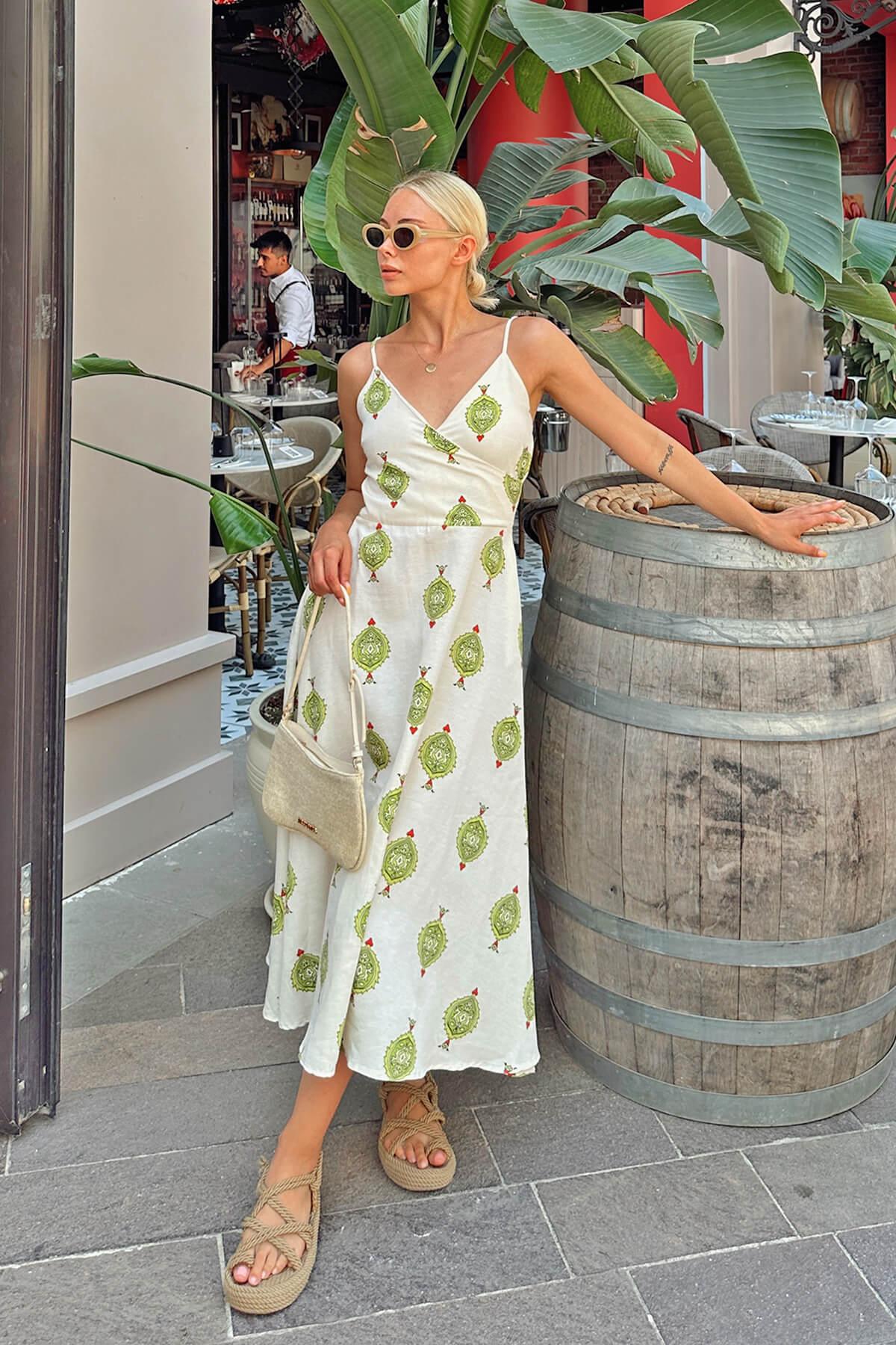 Yeşil İp Askılı Şablon Desen Kadın Keten Midi Elbise - 3