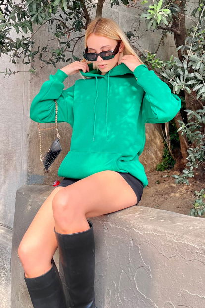 Yeşil Kapüşonlu İçi Pamuklu Kadın Basic Sweatshirt - 4