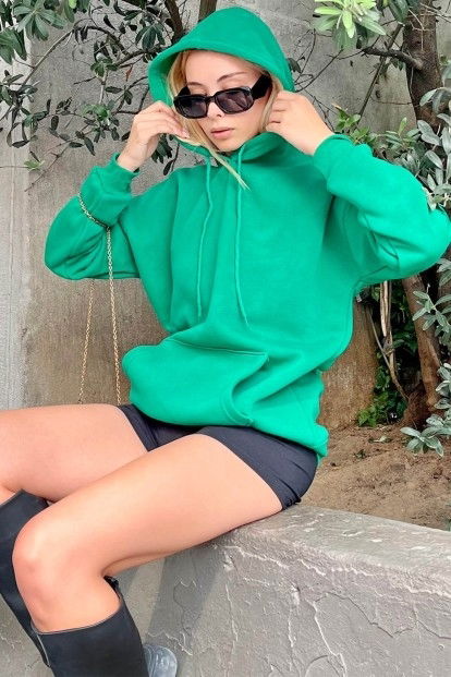 Yeşil Kapüşonlu İçi Pamuklu Kadın Basic Sweatshirt - 6