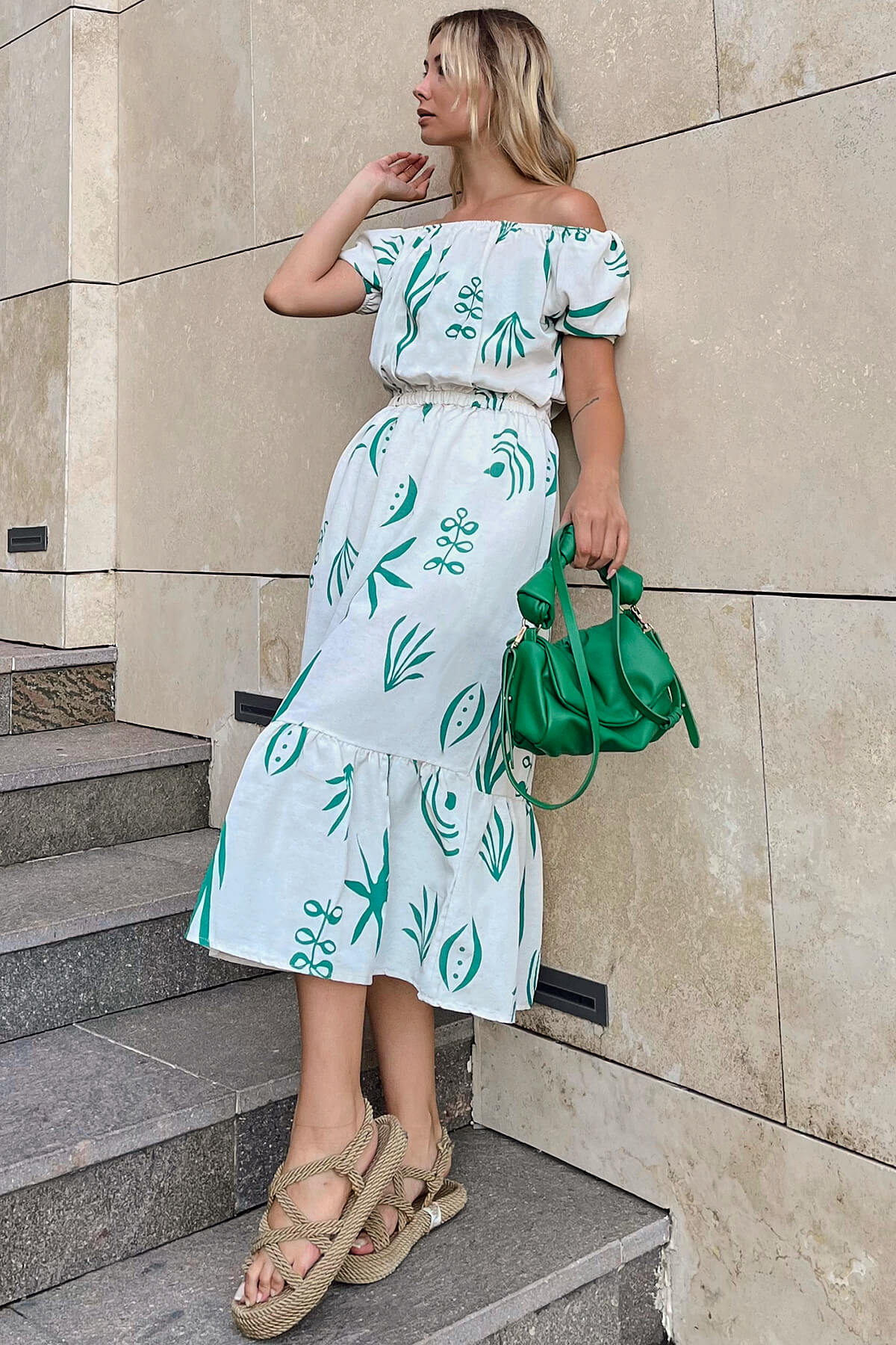 Yeşil Keten Karpuz Kol Çiçek Desenli Kadın Elbise - 6
