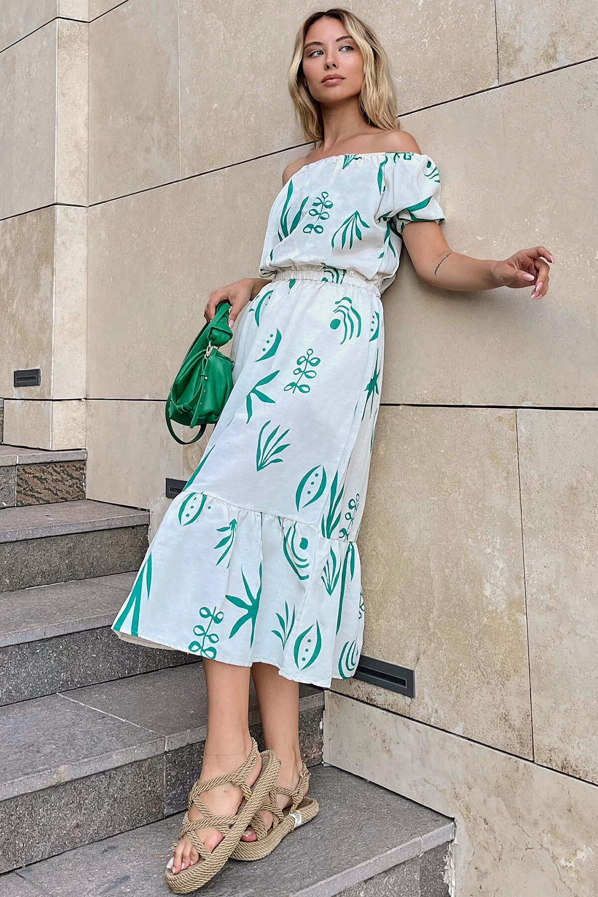 Yeşil Keten Karpuz Kol Çiçek Desenli Kadın Elbise - 2