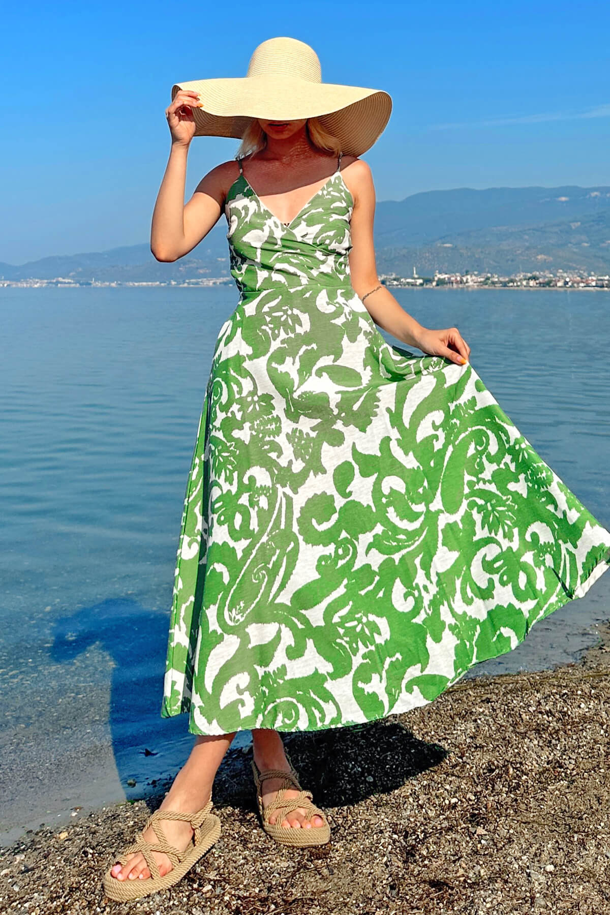 Yeşil Kruvaze Yaka Desenli Kadın Keten Midi Elbise - 1