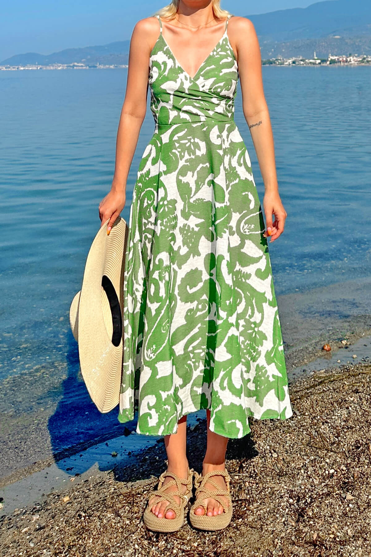 Yeşil Kruvaze Yaka Desenli Kadın Keten Midi Elbise - 4