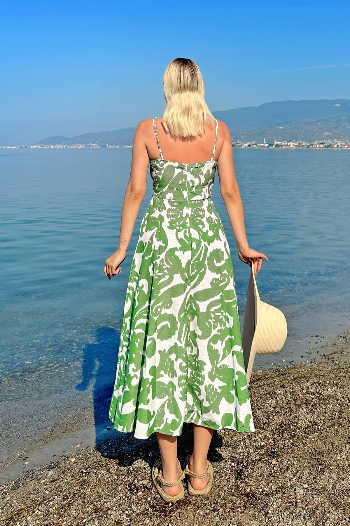 Yeşil Kruvaze Yaka Desenli Kadın Keten Midi Elbise - 5