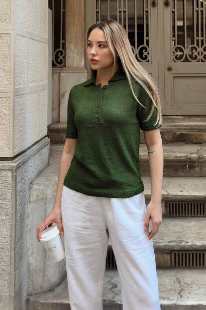 Yeşil Marie Polo Yaka Kadın Triko Bluz - 3