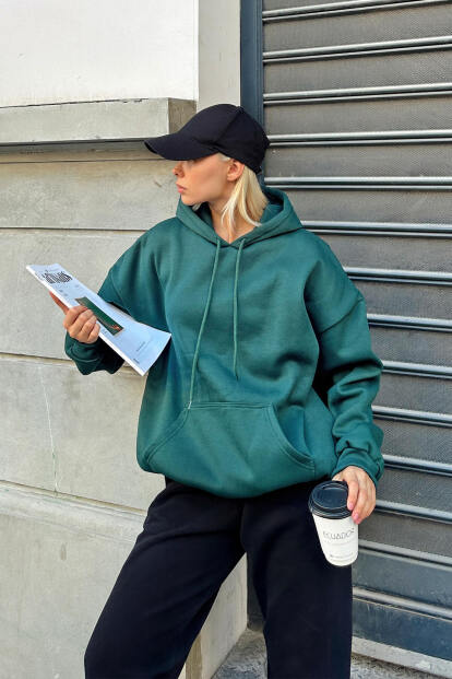 Yeşil Oversize Kapüşonlu Kanguru Cepli İçi Polarlı Kadın Sweatshirt - 3