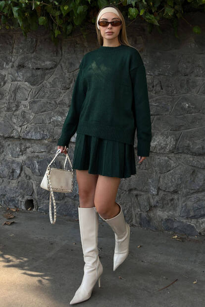 Yeşil Paloma Piliseli Etek-Bisiklet Yaka Kazak Kadın Triko Alt Üst Takım - 1