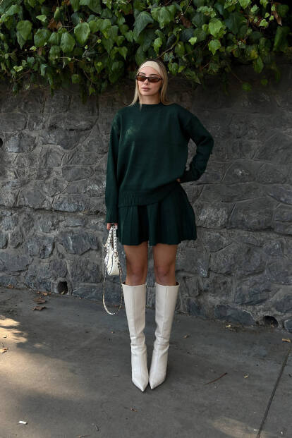 Yeşil Paloma Piliseli Etek-Bisiklet Yaka Kazak Kadın Triko Alt Üst Takım - 3