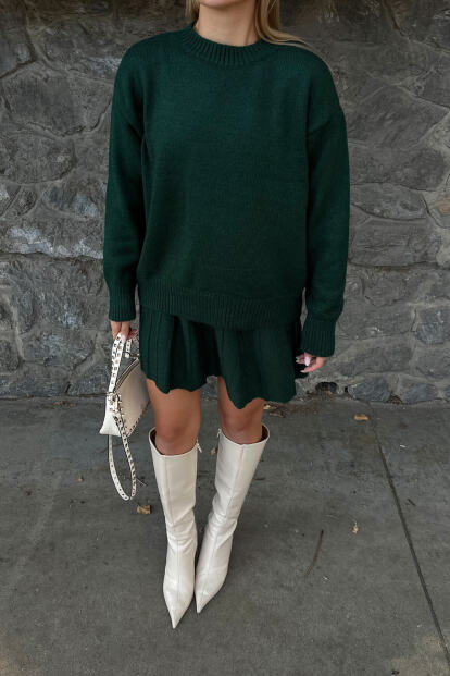 Yeşil Paloma Piliseli Etek-Bisiklet Yaka Kazak Kadın Triko Alt Üst Takım - 4