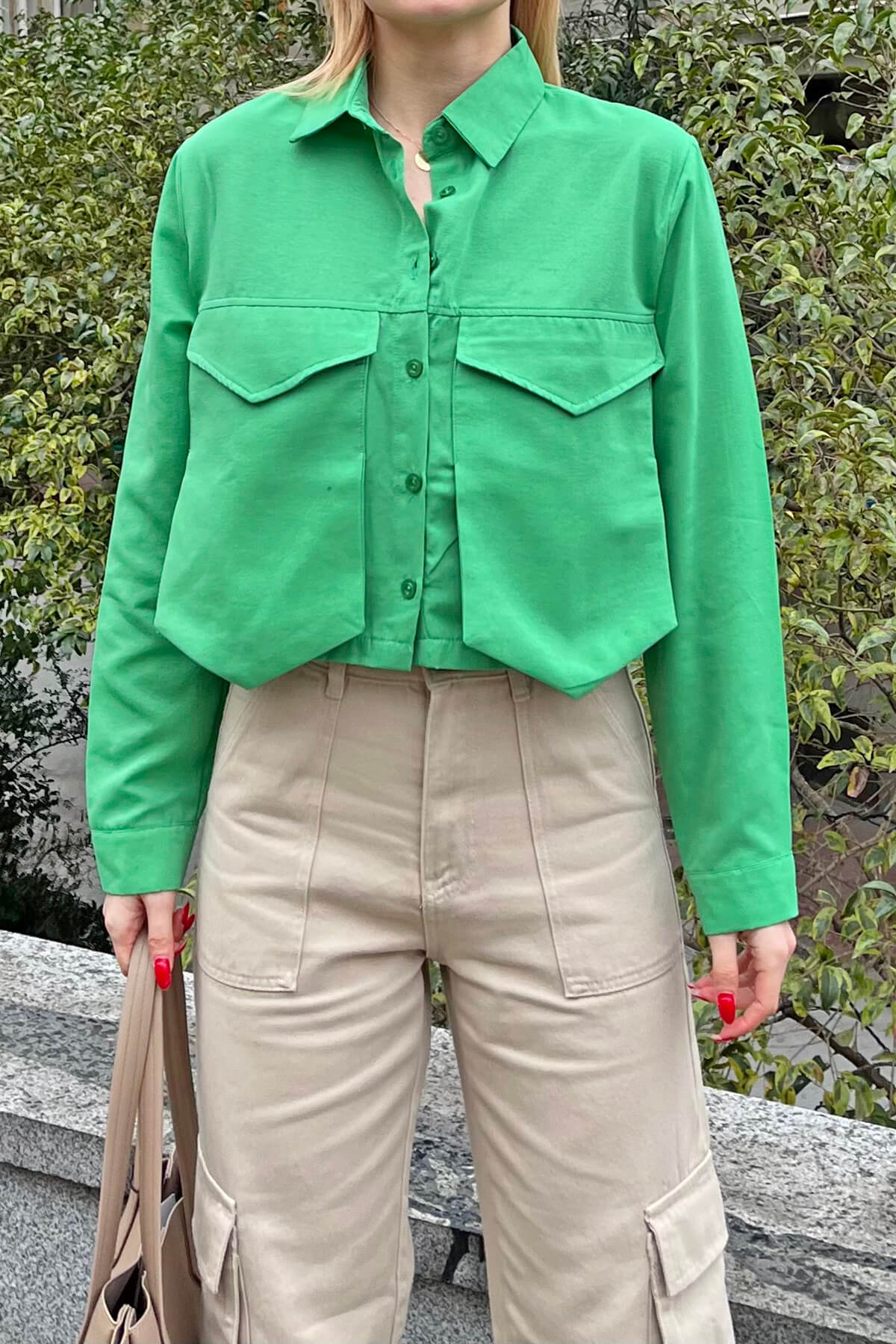 Yeşil Poplin Cep Detay Crop Kadın Gömlek - 3