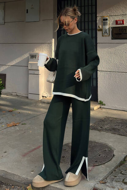 Yeşil Uma İntersiye Çizgili Yırtmaçlı Oversize Kazak-Pantolon Kadın Triko Alt-Üst Takım - 1