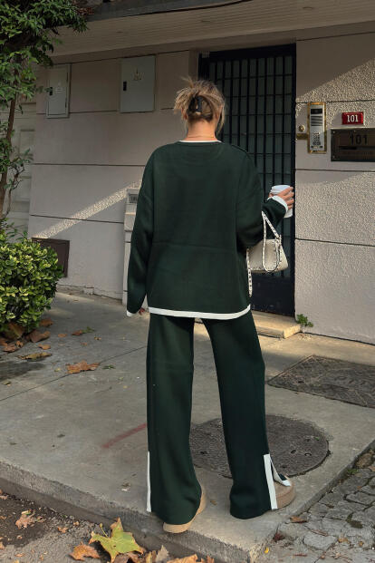 Yeşil Uma İntersiye Çizgili Yırtmaçlı Oversize Kazak-Pantolon Kadın Triko Alt-Üst Takım - 5