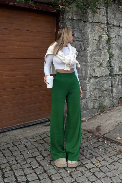 Yeşil Yüksek Bel Beli Lastikli Kadın Triko Pantolon - 3