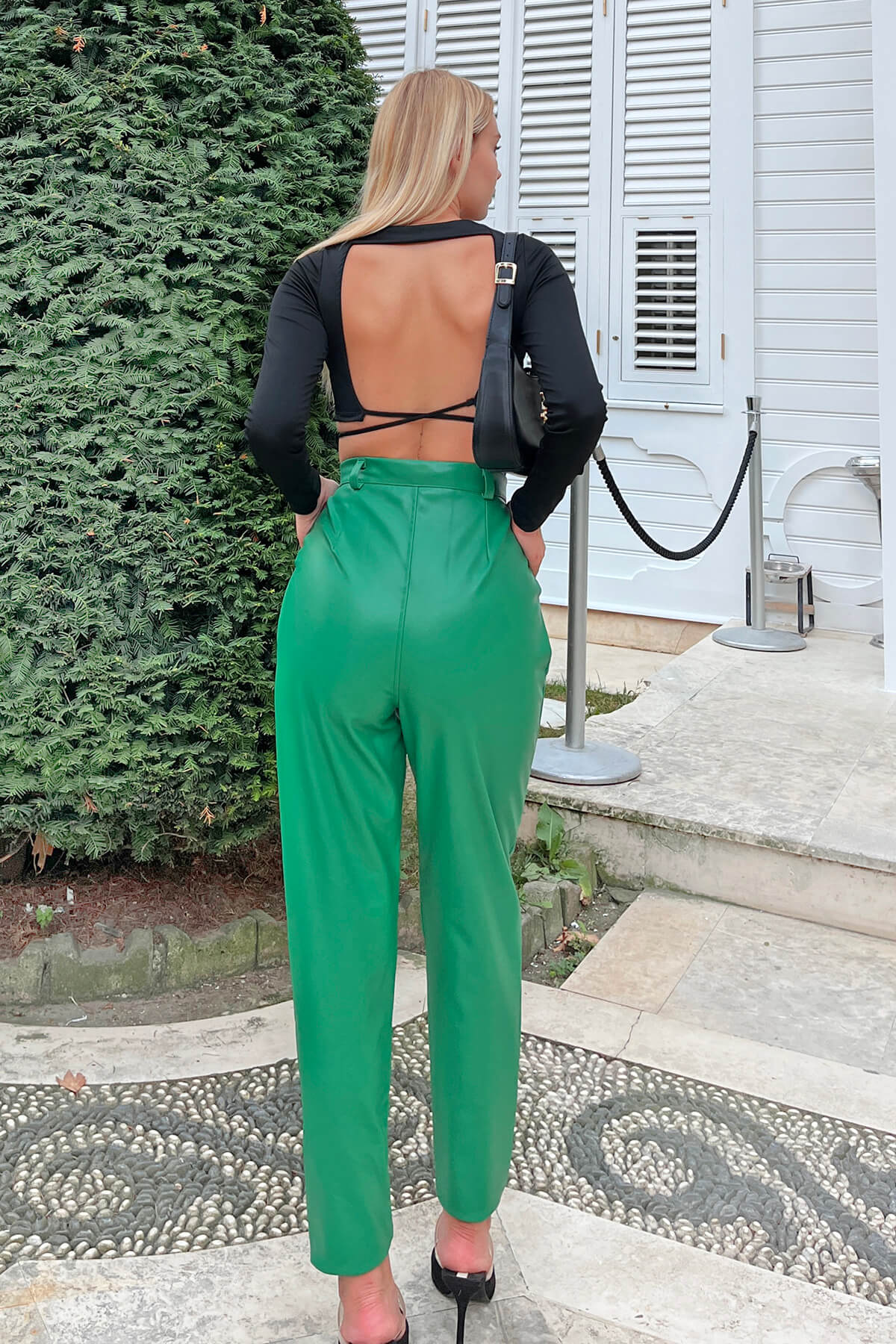Yeşil Yüksek Bel Suni Deri Kadın Havuç Pantolon - 3